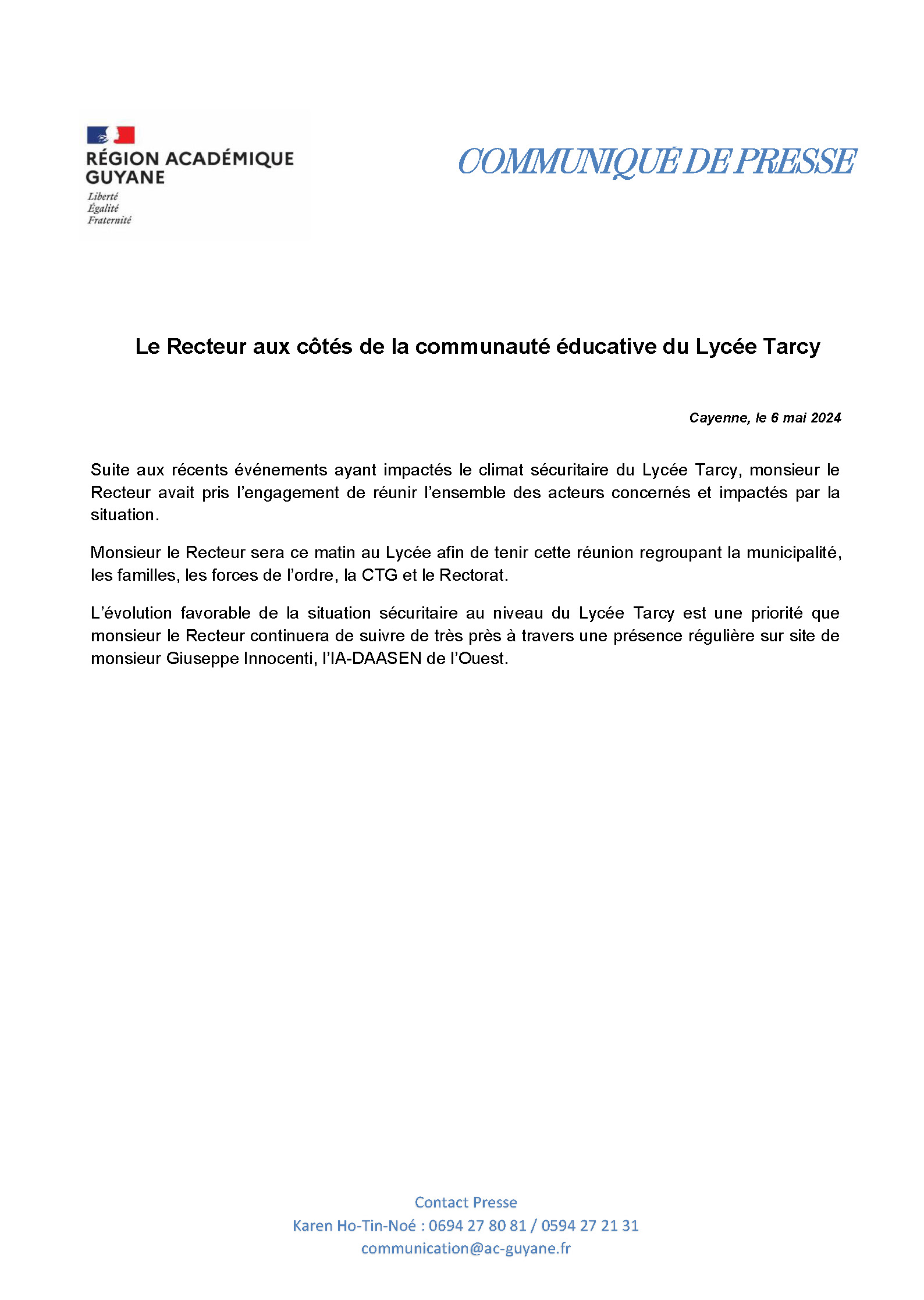 CP - Le Recteur aux côtés de la communauté éducative du Lycée Tarcy