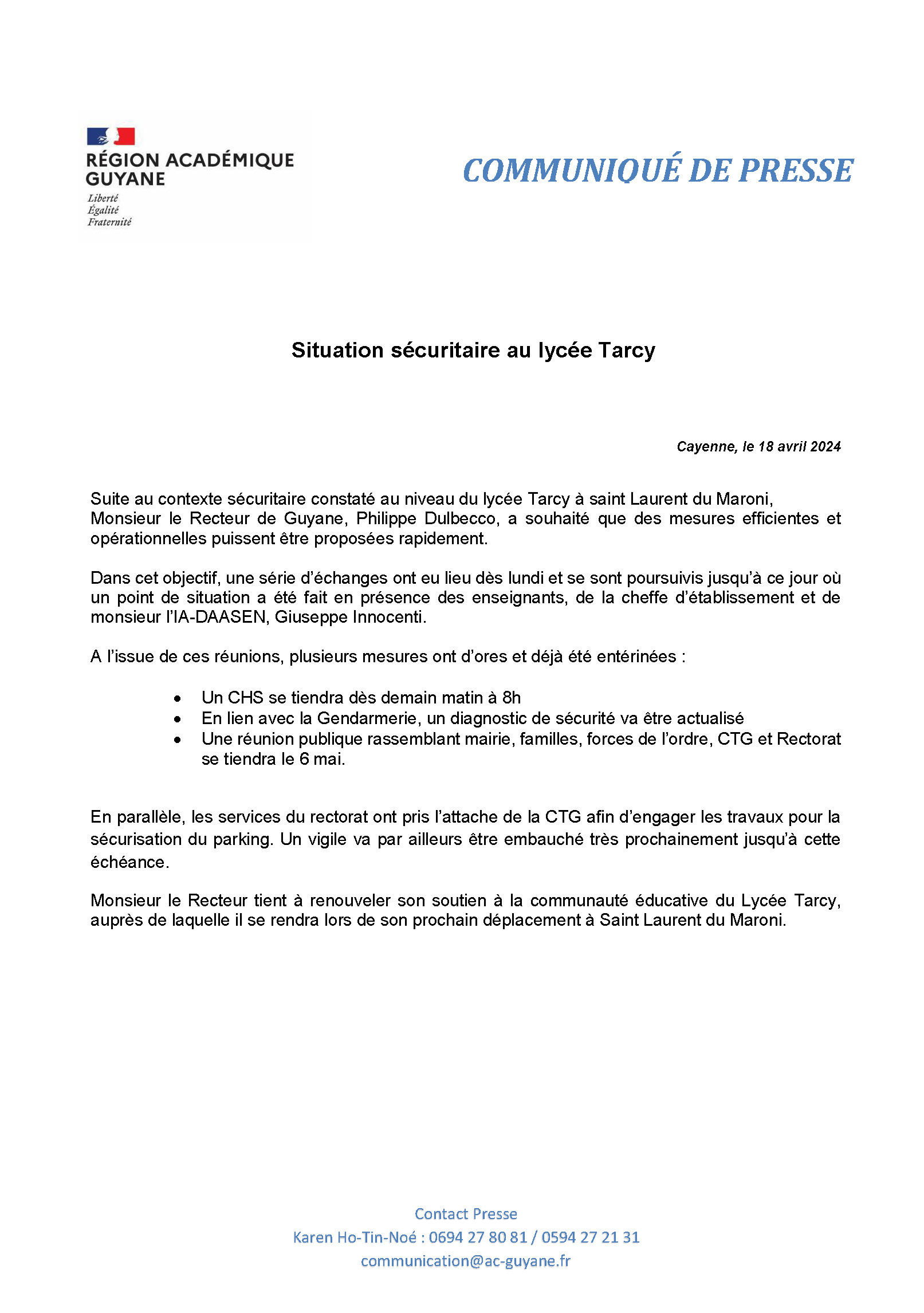 CP - Situation sécuritaire au lycée Tarcy