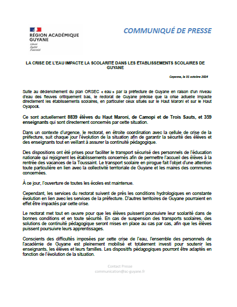 COMMUNIQUE DE PRESSE - LA CRISE DE L’EAU IMPACTE LA SCOLARITÉ DANS LES ÉTABLISSEMENTS SCOLAIRES DE GUYANE