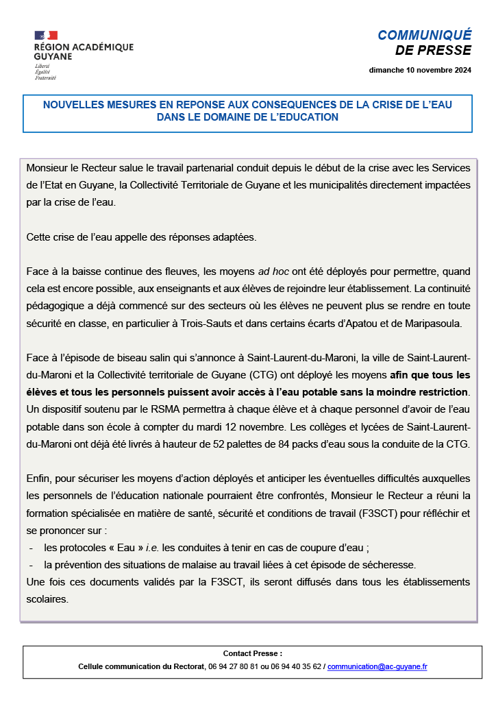 [CP] Nouvelles mesures en réponse aux conséquences de la crise de l'eau dans le domaine de l'éducation