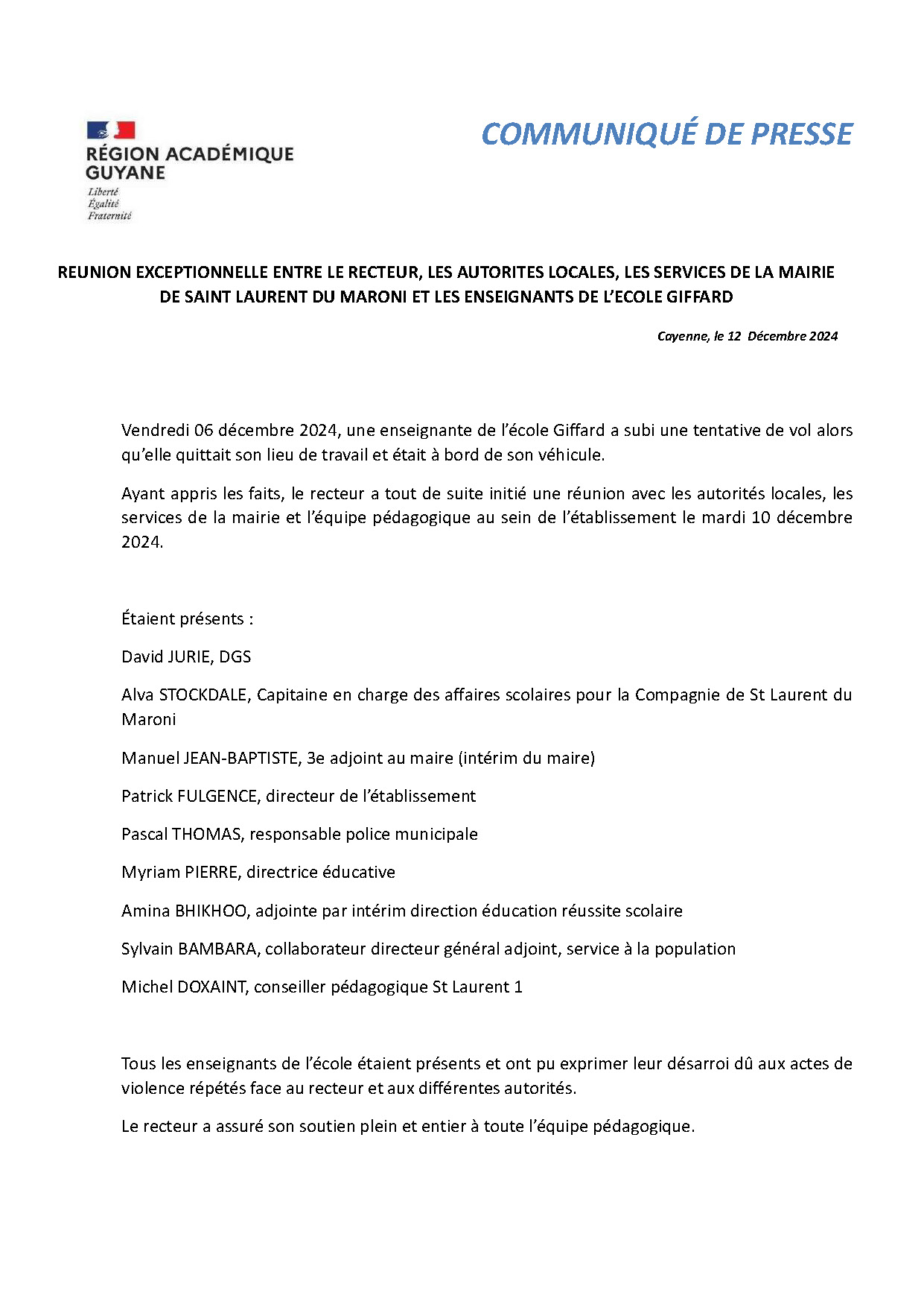 [CP] Réunion exceptionnelle entre le Recteur, les autorités locales, les services de la mairie De Saint-Laurent du Maroni et les enseignants de l’école Giffard - Page 1